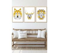 ARTZE Geometric Yellow Grey Animal Heads Framed Wall Art - Large in Light Oak | Size: W53 cm x H73 cm x D20mm ARTZE Light Oak W53 cm x H73 cm x D20mm