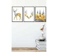 ARTZE Geometric Yellow Grey Stags Set Framed Wall Art - Medium in Black | Size: W45 cm x H62 cm x D20mm ARTZE Black W45 cm x H62 cm x D20mm