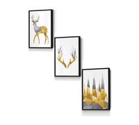 ARTZE Geometric Yellow Grey Stags Set Framed Wall Art - Small in Black | Size: W33 cm x H45 cm x D20mm ARTZE Black W33 cm x H45 cm x D20mm