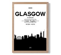 ARTZE Glasgow Black & White City Skyline Framed Print SIZE: A2 with Oak Frame | Size: A3 ARTZE Black A3