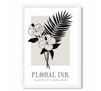 ARTZE Hibiscus Flowers in Black & Beige Floral Ink Sketch Framed Print SIZE: A2 with White Frame ARTZE Beige A2