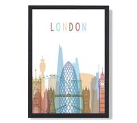 ARTZE London Colourful City Skyline Framed Print SIZE: A2 with Black Frame in Pale Blue ARTZE Pale Blue A2