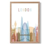 ARTZE London Colourful City Skyline Framed Print SIZE: A3 with Oak Frame in Pale Blue | Size: A4 ARTZE Pale Blue A4