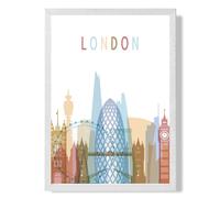 ARTZE London Colourful City Skyline Framed Print SIZE: A4 with White Frame in Pale Blue | Size: A2 ARTZE Pale Blue A2