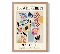 ARTZE Madrid Blue & Pink Flower Market Exhibition Framed Print SIZE: A3 with Oak Frame in Mid Blue | Size: A2 ARTZE Mid Blue A2