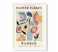 ARTZE Madrid Blue & Pink Flower Market Exhibition Framed Print SIZE: A4 with White Frame in Mid Blue | Size: A2 ARTZE Mid Blue A2