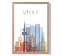 ARTZE Madrid Colourful City Skyline Framed Print SIZE: A2 with Oak Frame in Pale Blue | Size: A4 ARTZE Pale Blue A4