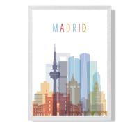 ARTZE Madrid Colourful City Skyline Framed Print SIZE: A3 with White Frame in Pale Blue | Size: A4 ARTZE Pale Blue A4