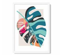 ARTZE Monstera Blue & Pink Boho Botanical Framed Print SIZE: A2 with White Frame in Mid Blue ARTZE Mid Blue A2