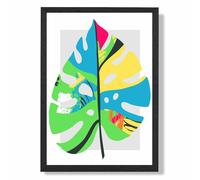ARTZE Monstera Leaf Blue & Green Abstract Minimalist Framed Print SIZE: A2 with Black Frame in Mid Blue ARTZE Mid Blue A2