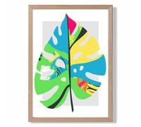 ARTZE Monstera Leaf Blue & Green Abstract Minimalist Framed Print SIZE: A3 with Oak Frame in Mid Blue ARTZE Mid Blue A3