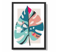 ARTZE Monstera Leaf Blue & Pink Boho Botanical Framed Print SIZE: A3 with Black Frame in Mid Blue | Size: A4 ARTZE Mid Blue A4