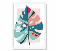 ARTZE Monstera Leaf Blue & Pink Boho Botanical Framed Print SIZE: A4 with White Frame in Mid Blue | Size: A2 ARTZE Mid Blue A2