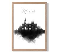 ARTZE Munich Watercolour Skyline City Framed Print SIZE: A3 with Oak Frame in Black | Size: A2 ARTZE Black A2