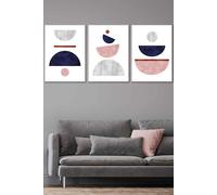 ARTZE Navy, Pink & Grey Abstract Mid Century Geometric Framed Wall Art - Large in White | Size: W53 cm x H73 cm x D20mm ARTZE White W53 cm x H73 cm x D20mm