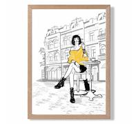 ARTZE Paris Caf√© with Cat Style & Fashion Sketch Framed Print SIZE: A2 with Oak Frame in Yellow | Size: A4 ARTZE Yellow A4