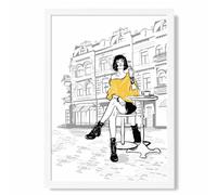 ARTZE Paris Caf√© with Cat Style & Fashion Sketch Framed Print SIZE: A2 with White Frame in Yellow | Size: A4 ARTZE Yellow A4