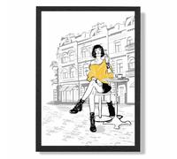 ARTZE Paris Caf√© with Cat Style & Fashion Sketch Framed Print SIZE: A4 with Black Frame in Yellow | Size: A3 ARTZE Yellow A3