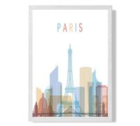 ARTZE Paris Colourful City Skyline Framed Print SIZE: A3 with White Frame in Pale Blue | Size: A4 ARTZE Pale Blue A4