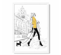 ARTZE Paris Street with Dog Style & Fashion Sketch Framed Print SIZE: A4 with White Frame in Yellow ARTZE Yellow A4