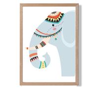 ARTZE Peeking Elephant Tribal Animal Framed Print SIZE: A4 with Oak Frame in Pale Blue ARTZE Pale Blue A4
