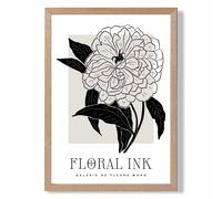 ARTZE Peony Black & Beige Floral Ink Sketch Framed Print SIZE: A3 with Oak Frame | Size: A2 ARTZE Beige A2