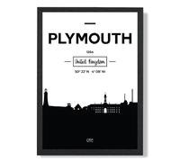 ARTZE Plymouth Black & White City Skyline Framed Print SIZE: A4 with Black Frame | Size: A3 ARTZE Black A3