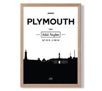 ARTZE Plymouth Black & White City Skyline Framed Print SIZE: A4 with Oak Frame | Size: A3 ARTZE Black A3