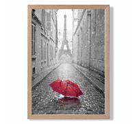 ARTZE Red Umbrella in Paris with Eiffel Tower Framed Print SIZE: A2 with Oak Frame in Black | Size: A4 ARTZE Black A4