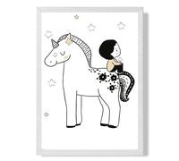 ARTZE Scandi Prince Little Boy Sitting on a Unicorn Framed Print SIZE: A4 with White Frame in Black | Size: A3 ARTZE Black A3