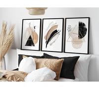 ARTZE Set of 3 Abstract Black and Beige Wall Art Black Frames Size: (A2-45 x 62 cm)