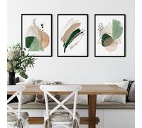 ARTZE Set of 3 Abstract Green and Beige Wall Art Black Frames Size: (A3-33 x 45 cm)