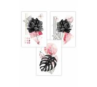 ARTZE Set of 3 Abstract Pink & Black Botanical Art Posters in Bright Pink | Size: W30 cm x H42 cm ARTZE Bright Pink W30 cm x H42 cm