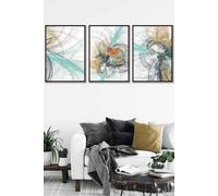 ARTZE Set of 3 Black Framed Abstract Green Yellow Grey Mixed Media Fractal Wall Art in Bright Yellow | Size: W53 cm x H73 cm x D20mm ARTZE Bright Yellow W53 cm x H73 cm x D20mm