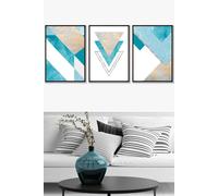ARTZE Set of 3 Black Framed Aqua Blue Abstract Mid Century Geometric Wall Art | Size: W33 cm x H45 cm x D20mm ARTZE Aqua W33 cm x H45 cm x D20mm