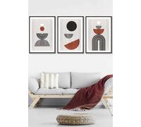 ARTZE Set of 3 Black Framed Black Grey Terracotta Abstract Mid Century Geometric Wall Art | Size: W45 cm x H62 cm x D20mm ARTZE Terracotta W45 cm x H62 cm x D20mm