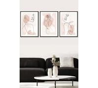 ARTZE Set of 3 Black Framed Coral Pink Abstract Line Art Female Wall Art | Size: W45 cm x H62 cm x D20mm ARTZE Coral W45 cm x H62 cm x D20mm