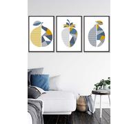 ARTZE Set of 3 Black Framed Geometric Fruit Strawberry Blue Yellow Wall Art in Mid Blue | Size: W33 cm x H45 cm x D20mm ARTZE Mid Blue W33 cm x H45 cm x D20mm