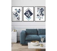 ARTZE Set of 3 Black Framed Graphical Abstract Floral Navy Blue Grey Wall Art | Size: W33 cm x H45 cm x D20mm ARTZE Navy W33 cm x H45 cm x D20mm