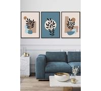 ARTZE Set of 3 Black Framed Graphical Boho Floral Teal & Beige Botanical Wall Art | Size: W53 cm x H73 cm x D20mm ARTZE Teal W53 cm x H73 cm x D20mm