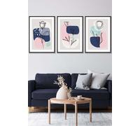 ARTZE Set of 3 Black Framed Line Art Spring Flowers on Navy Pink Boho Shapes Wall Art | Size: W45 cm x H62 cm x D20mm ARTZE Pink W45 cm x H62 cm x D20mm