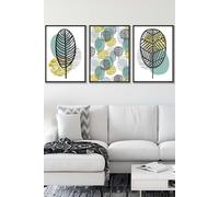 ARTZE Set of 3 Black Framed Mid Century Floral Pattern in Yellow & Blue Wall Art in Duck Egg Blue | Size: W45 cm x H62 cm x D20mm ARTZE Duck Egg Blue W45 cm x H62 cm x D20mm
