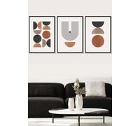ARTZE Set of 3 Black Framed Mid Century Geometric in Black & Brown Wall Art in Terracotta | Size: W53 cm x H73 cm x D20mm ARTZE Terracotta W53 cm x H73 cm x D20mm