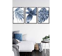 ARTZE Set of 3 Black Framed Tropical Plants Navy Blue Abstract Wall Art | Size: W53 cm x H73 cm x D20mm ARTZE Navy W53 cm x H73 cm x D20mm