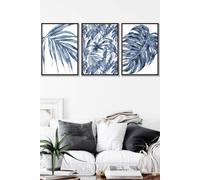 ARTZE Set of 3 Black Framed Tropical Plants & Pattern Navy Blue Abstract Wall Art | Size: W45 cm x H62 cm x D20mm ARTZE Navy W45 cm x H62 cm x D20mm