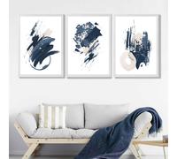 ARTZE Set of 3 Blue Abstract Minimal Wall Art Prints / Size: A3 / White Frame in Dark Blue | Size: A2 ARTZE Dark Blue A2