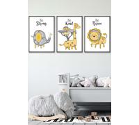 ARTZE Set of 3 Dark Grey Framed Scandi Nursery Elephant Animals Quote Yellow Grey Wall Art in Bright Yellow | Size: W53 cm x H73 cm x D20mm ARTZE Bright Yellow W53 cm x H73 cm x D20mm