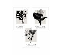 ARTZE Set of 3 Floral Sketch Ink Botanical Leaves in Black Art Posters | Size: W59 cm x H84 cm ARTZE Black W59 cm x H84 cm