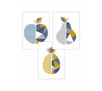 ARTZE Set of 3 Geometric Fruit Apple Blue Yellow Art Posters in Mid Blue | Size: W59 cm x H84 cm ARTZE Mid Blue W59 cm x H84 cm