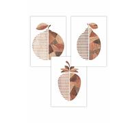 ARTZE Set of 3 Geometric Fruit in Wood Grain Effect Art Posters in Walnut | Size: W42 cm x H59 cm ARTZE Walnut W42 cm x H59 cm